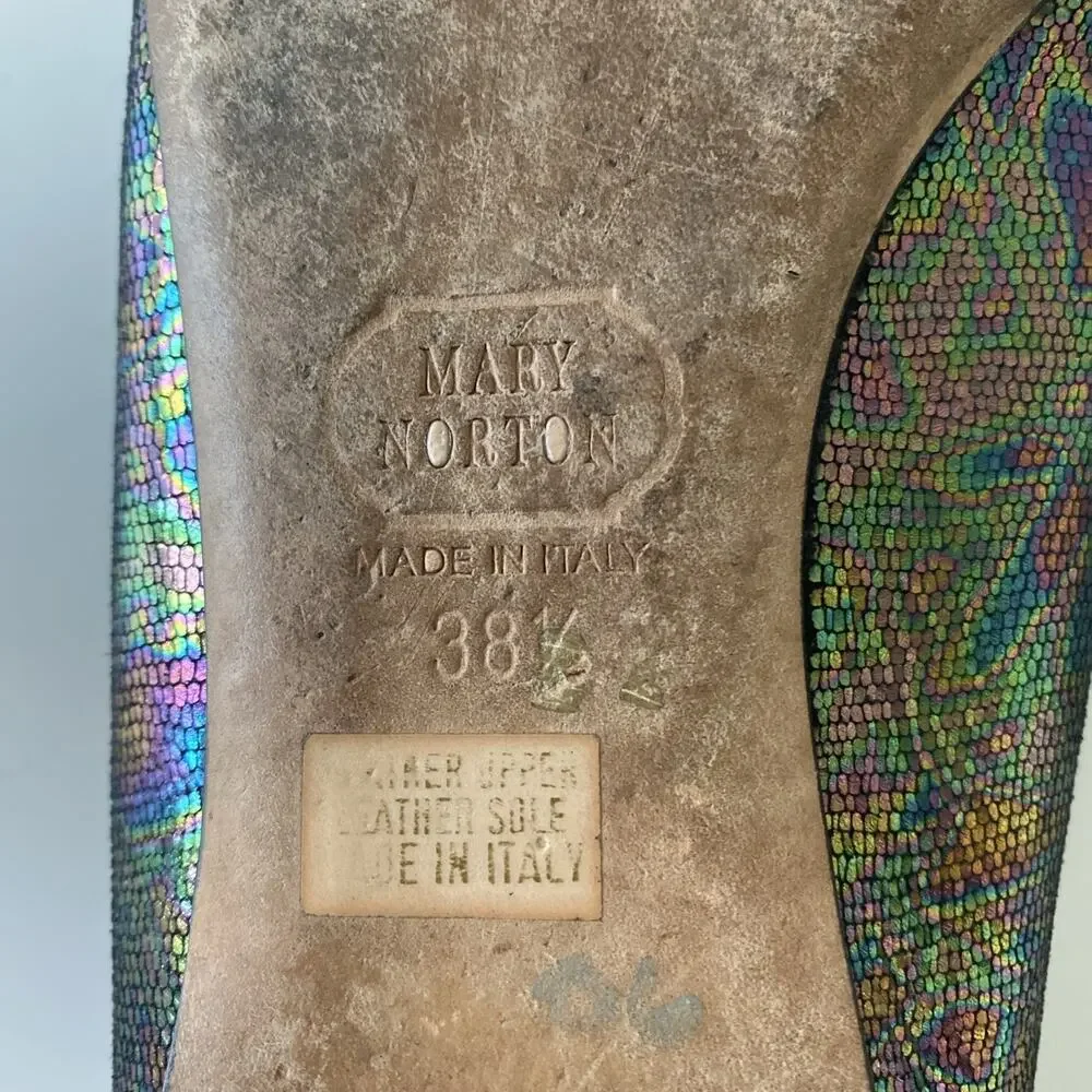 Mary Norton Ballet Flat Point Toe Leather Multi Color Snake Embossed 38.5